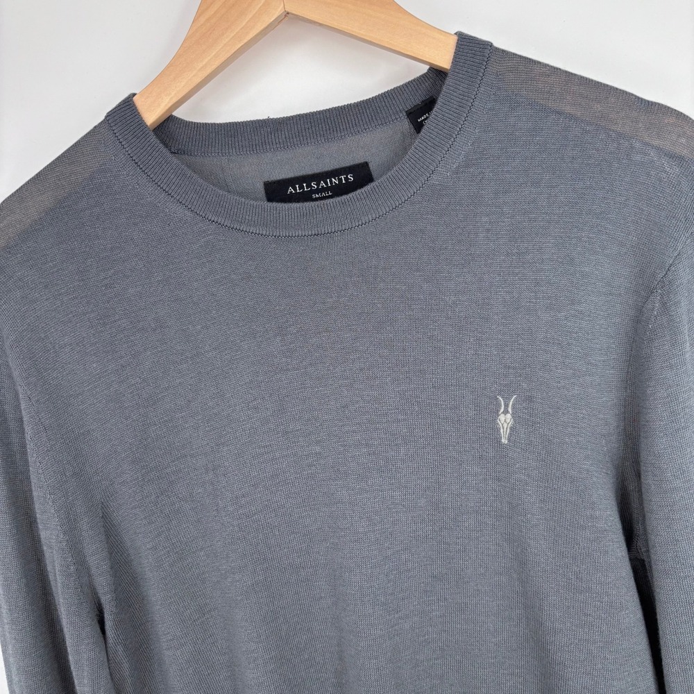 AllSaints Nomo Crew Sweater Mens Small Gray Wool Blend Ramskull Logo Pullover